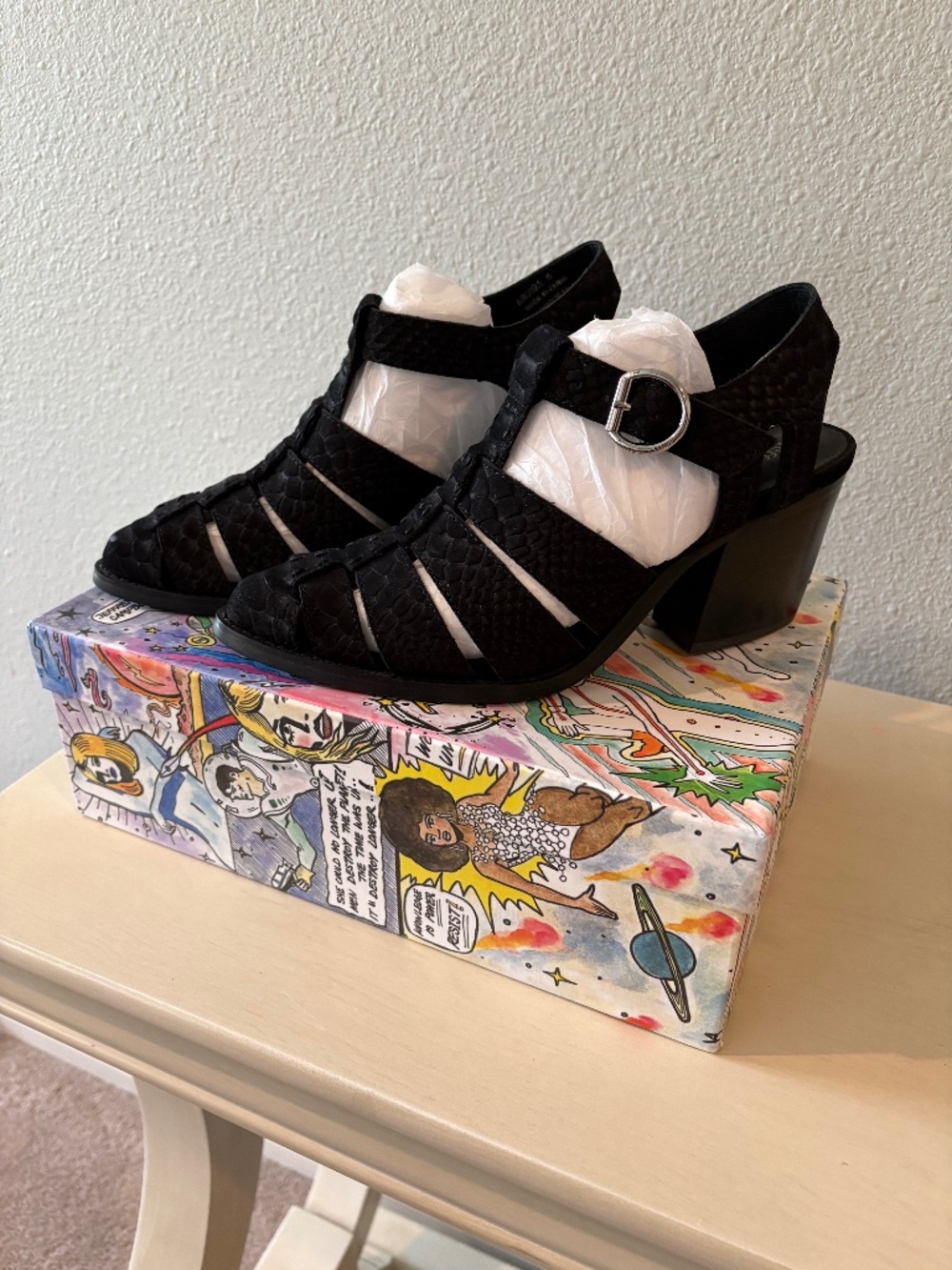 Jeffrey Campbell Black Snakeskin Block Heel Sandals Size 8 Angora New